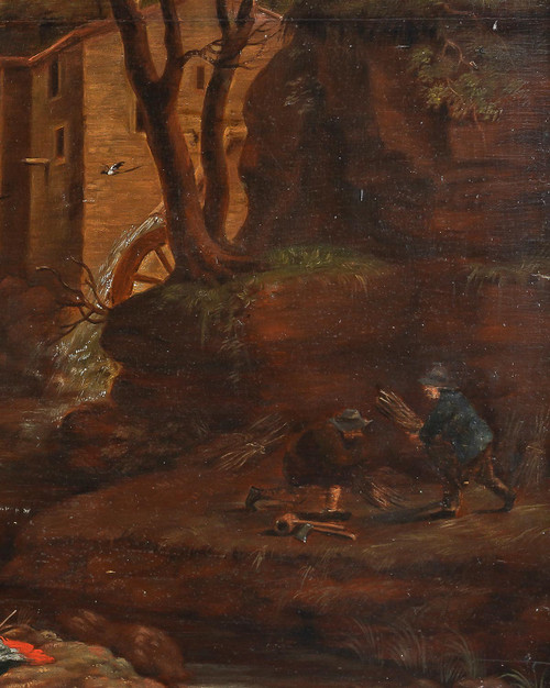 Scuola francese circa 1700 olio su tavola Vivace scena di vita contadina