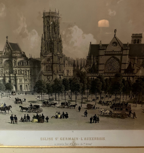 Große alte Lithographie aus der Zeit Napoleons III., Kirche St. Germain l'Auxerrois