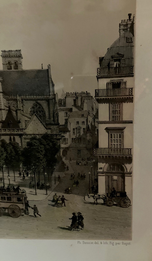 Große alte Lithographie aus der Zeit Napoleons III., Kirche St. Germain l'Auxerrois