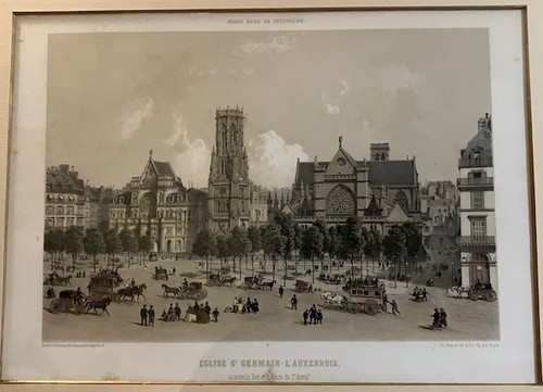 Große alte Lithographie aus der Zeit Napoleons III., Kirche St. Germain l'Auxerrois
