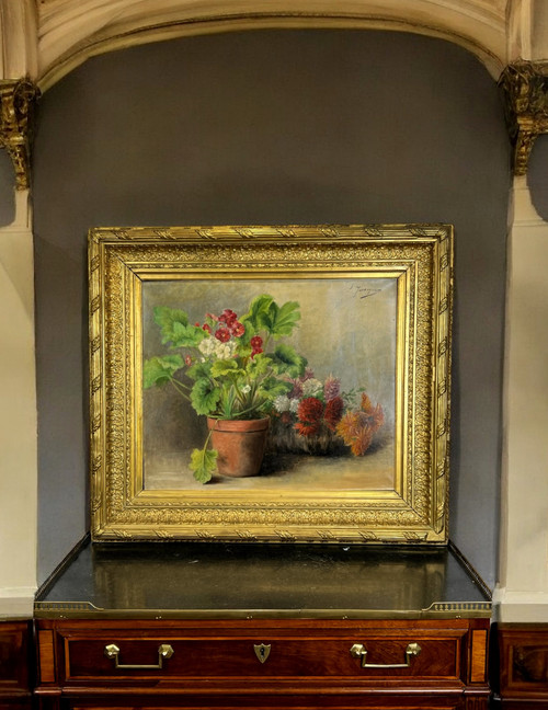 HUILE SUR TOILE SIGNÉE " LOUISE JASSOGNE " NATURE MORTE PRIMEVÈRES et DAHLIAS