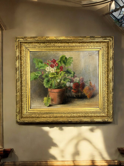 HUILE SUR TOILE SIGNÉE " LOUISE JASSOGNE " NATURE MORTE PRIMEVÈRES et DAHLIAS