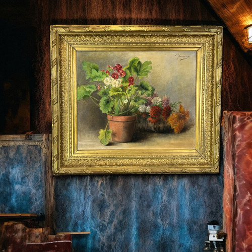 HUILE SUR TOILE SIGNÉE " LOUISE JASSOGNE " NATURE MORTE PRIMEVÈRES et DAHLIAS