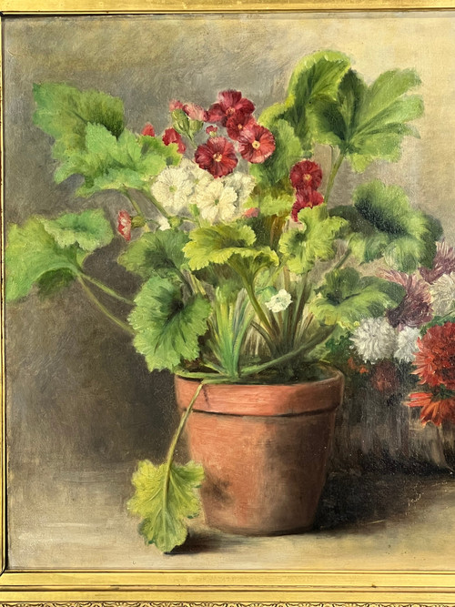 HUILE SUR TOILE SIGNÉE " LOUISE JASSOGNE " NATURE MORTE PRIMEVÈRES et DAHLIAS