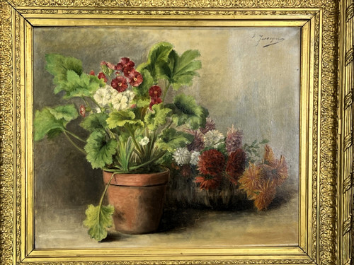 HUILE SUR TOILE SIGNÉE " LOUISE JASSOGNE " NATURE MORTE PRIMEVÈRES et DAHLIAS