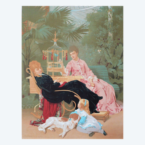 Tony Faivre Femmes Et Fillette Dans Une Serre  Très Grande Chromolithographie