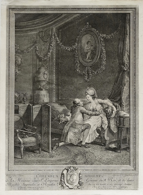 L'Heureux Moment Incisione antica di De Launay dopo Lavreince XVIII secolo