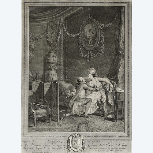 L'Heureux Moment Incisione antica di De Launay dopo Lavreince XVIII secolo