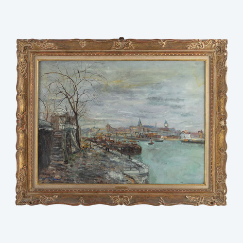 Serge Belloni (1925-2005) Le peintre de Paris" - Le banchine della Senna a Parigi olio su tela