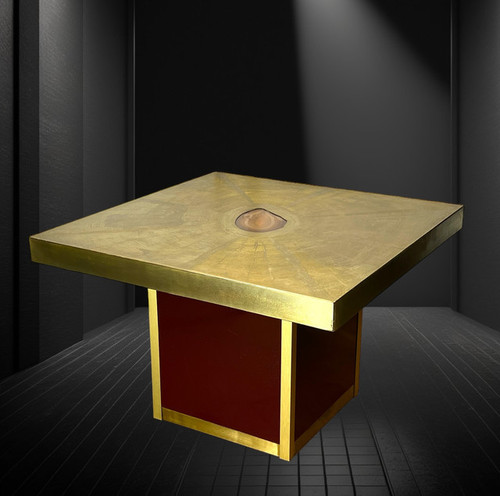 TABLE BASSE VINTAGE SIGNÉ PACO RABANE DES ANNÉES 70 EN LAITON GRAVÉ ET AGATE