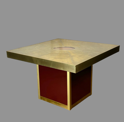 TABLE BASSE VINTAGE SIGNÉ PACO RABANE DES ANNÉES 70 EN LAITON GRAVÉ ET AGATE
