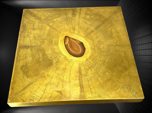 TABLE BASSE VINTAGE SIGNÉ PACO RABANE DES ANNÉES 70 EN LAITON GRAVÉ ET AGATE