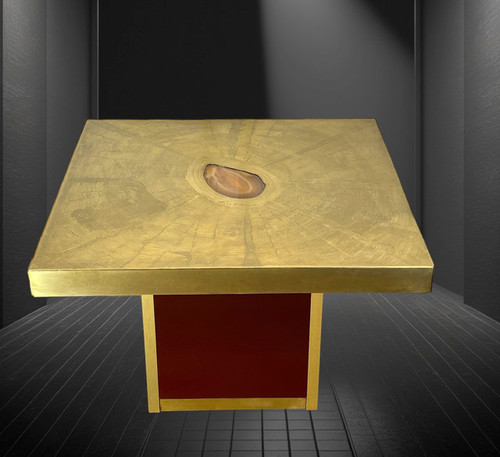 TABLE BASSE VINTAGE SIGNÉ PACO RABANE DES ANNÉES 70 EN LAITON GRAVÉ ET AGATE