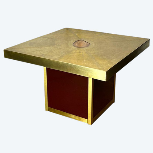 TABLE BASSE VINTAGE SIGNÉ PACO RABANE DES ANNÉES 70 EN LAITON GRAVÉ ET AGATE