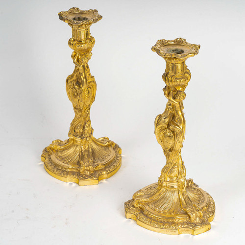 After Juste-Aurèle Meissonnier Pair of Louis XV style chiseled gilt bronze candlesticks Circa 1880