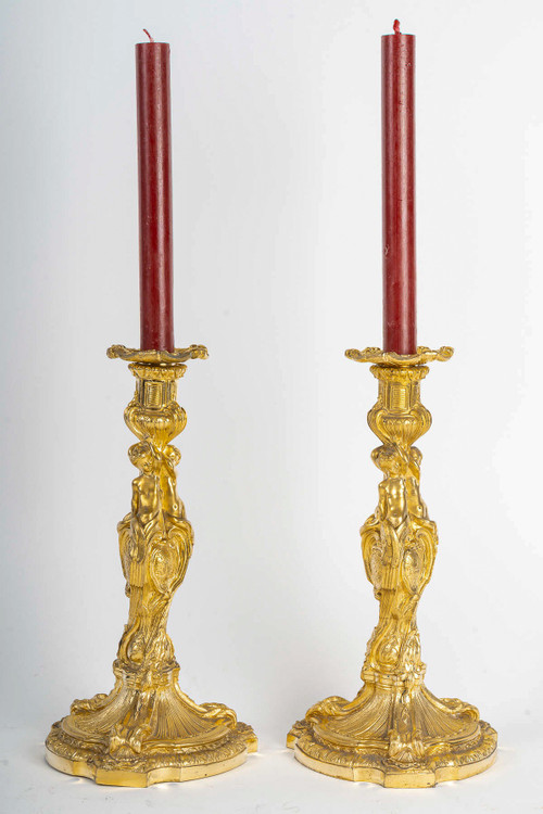 After Juste-Aurèle Meissonnier Pair of Louis XV style chiseled gilt bronze candlesticks Circa 1880