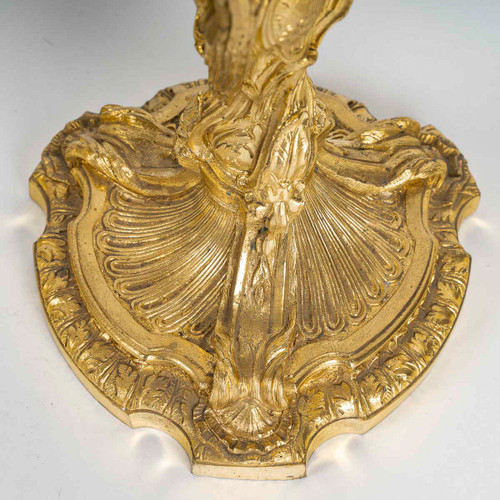 After Juste-Aurèle Meissonnier Pair of Louis XV style chiseled gilt bronze candlesticks Circa 1880
