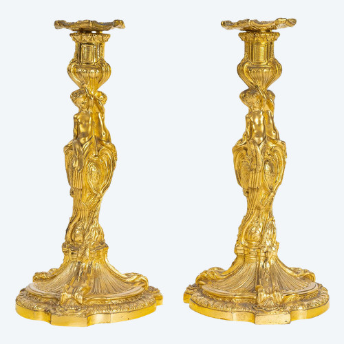 After Juste-Aurèle Meissonnier Pair of Louis XV style chiseled gilt bronze candlesticks Circa 1880