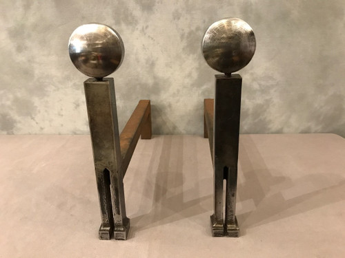 Modernist andirons in polished iron circa 1970