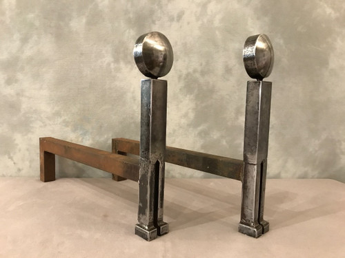 Modernist andirons in polished iron circa 1970