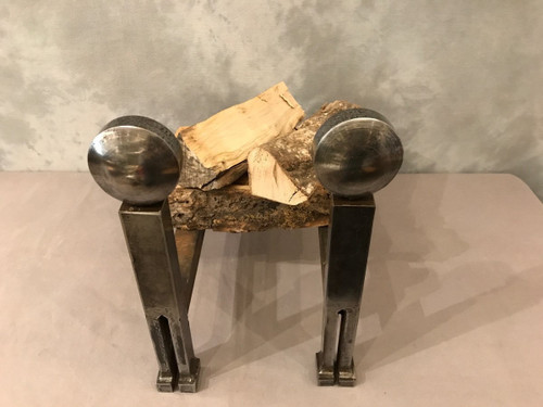 Modernist andirons in polished iron circa 1970