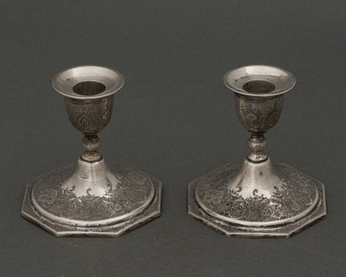 Pair of 19th-century Persian silver candlesticks, engraved with bird designs hallmark 84