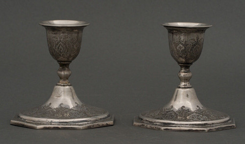 Pair of 19th-century Persian silver candlesticks, engraved with bird designs hallmark 84