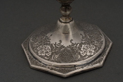Pair of 19th-century Persian silver candlesticks, engraved with bird designs hallmark 84