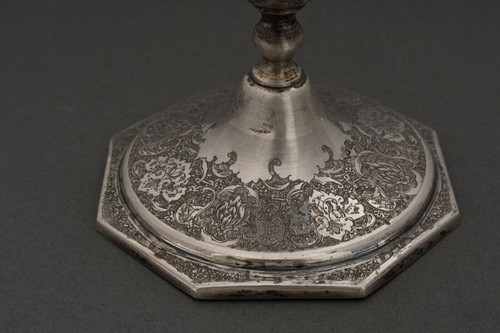 Pair of 19th-century Persian silver candlesticks, engraved with bird designs hallmark 84