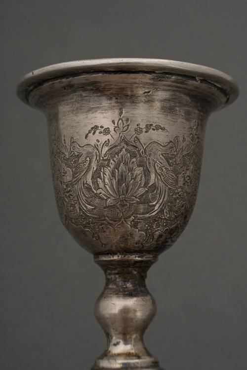 Pair of 19th-century Persian silver candlesticks, engraved with bird designs hallmark 84