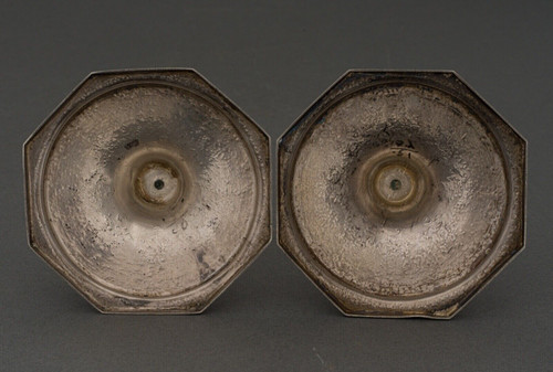Pair of 19th-century Persian silver candlesticks, engraved with bird designs hallmark 84