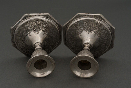 Pair of 19th-century Persian silver candlesticks, engraved with bird designs hallmark 84