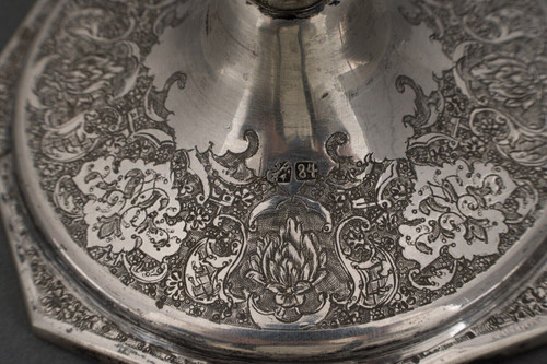 Pair of 19th-century Persian silver candlesticks, engraved with bird designs hallmark 84