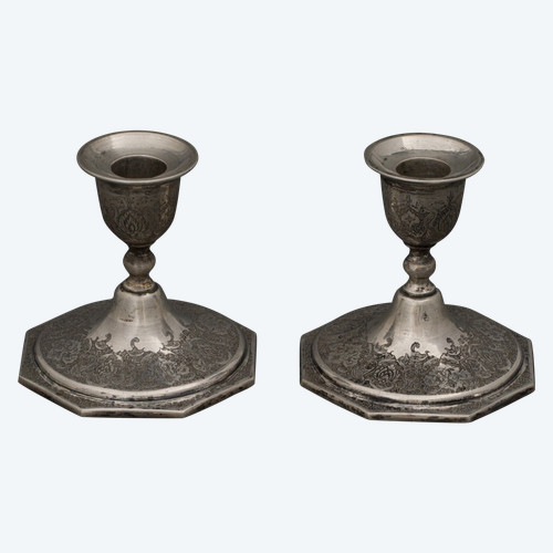 Pair of 19th-century Persian silver candlesticks, engraved with bird designs hallmark 84