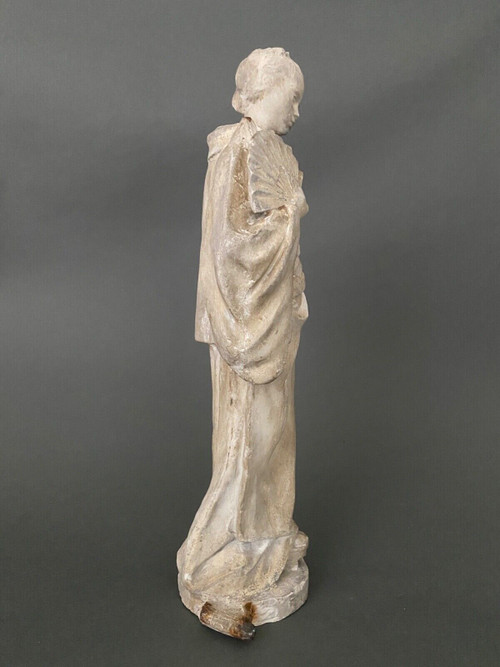 Statue d'atelier en plâtre par Charles Filleul femme à l'éventail XXe
