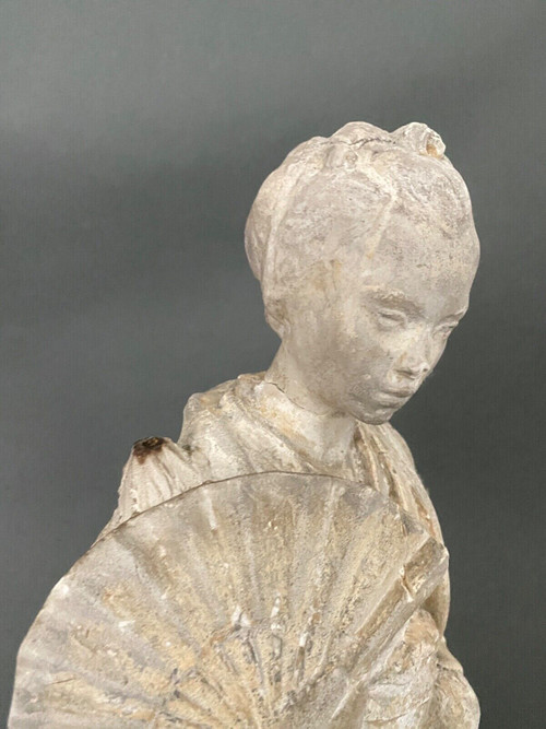 Statue d'atelier en plâtre par Charles Filleul femme à l'éventail XXe