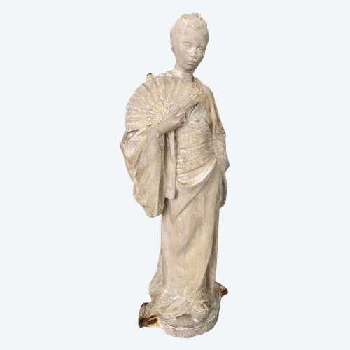Statue d'atelier en plâtre par Charles Filleul femme à l'éventail XXe