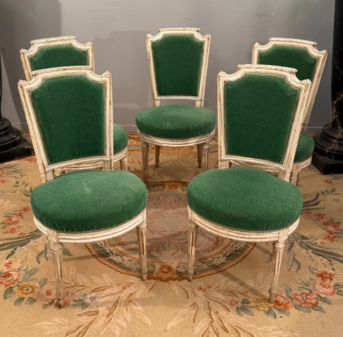 Paul François Jean, Suite De Cinq Chaises En Bois Laque Estampillée d'Epoque Louis XVI 
