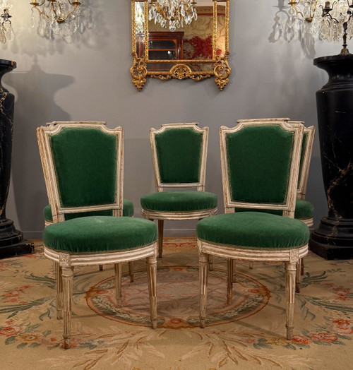 Paul François Jean, Suite De Cinq Chaises En Bois Laque Estampillée d'Epoque Louis XVI 