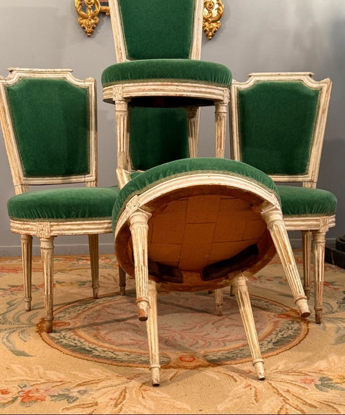 Paul François Jean, Suite De Cinq Chaises En Bois Laque Estampillée d'Epoque Louis XVI 