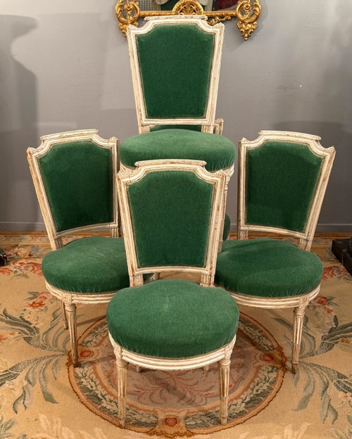 Paul François Jean, Suite De Cinq Chaises En Bois Laque Estampillée d'Epoque Louis XVI 