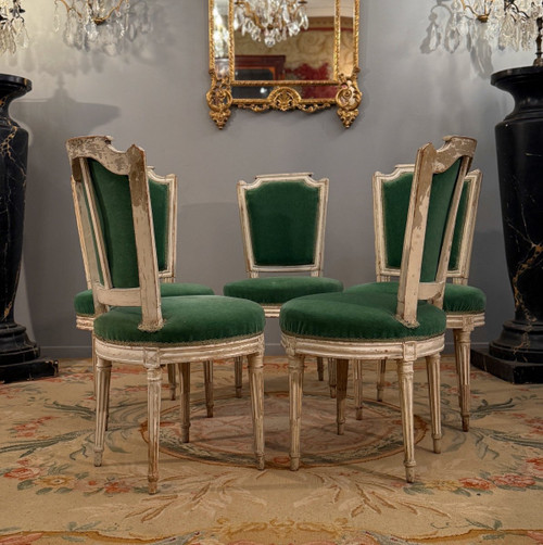 Paul François Jean, Suite De Cinq Chaises En Bois Laque Estampillée d'Epoque Louis XVI 