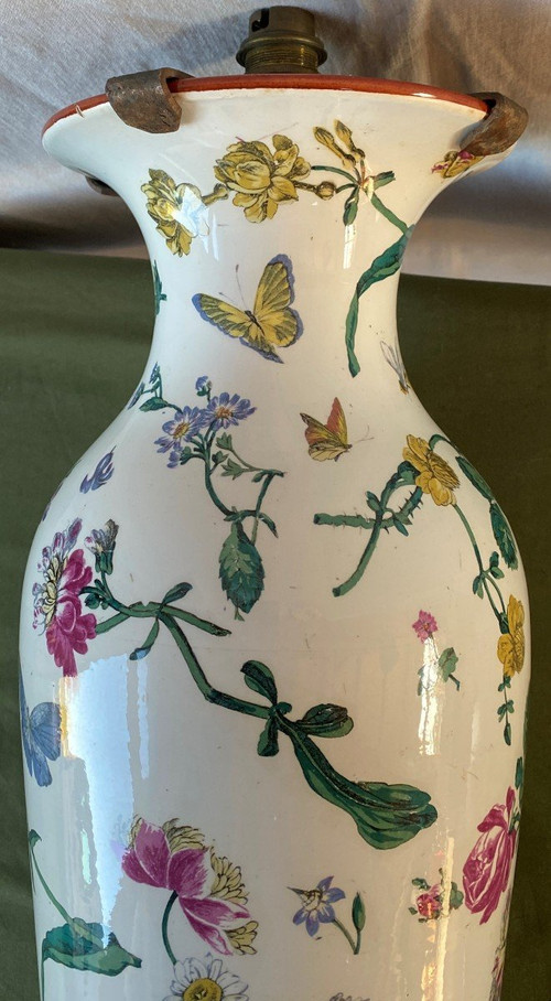 Vase mounted as a lamp decorated with flowers and insects 19th C