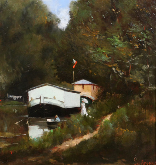 Eugène d'Argence 1853-1914 Un après-midi au bord de l'eau, paysage impressioniste, tableau