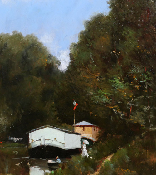 Eugène d'Argence 1853-1914 Un après-midi au bord de l'eau, paysage impressioniste, tableau