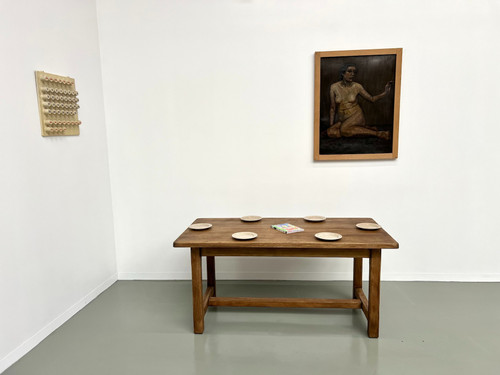 Small antique farm table with square legs, circa 1970