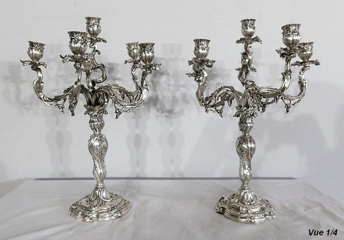 Paire de Candélabres en Bronze Argenté, style Louis XV – XIXe