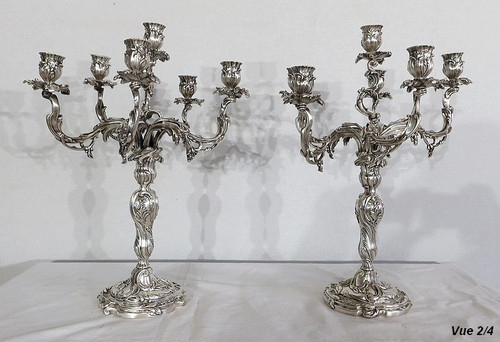 Paire de Candélabres en Bronze Argenté, style Louis XV – XIXe
