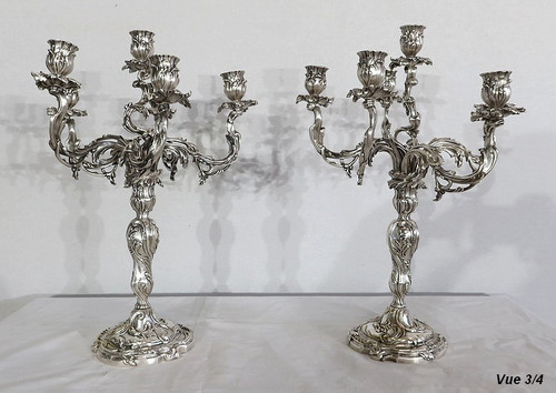 Paire de Candélabres en Bronze Argenté, style Louis XV – XIXe