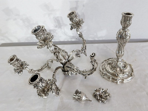 Paire de Candélabres en Bronze Argenté, style Louis XV – XIXe